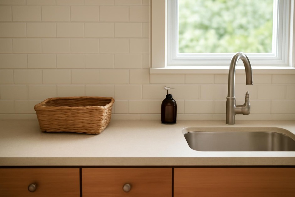 Clear kitchen counter with a small basket and tidy sink