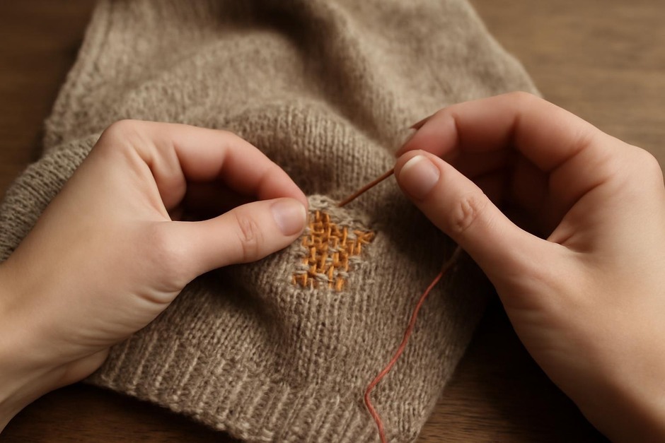 Hands mending a hole in a sweater with a needle and colorful thread