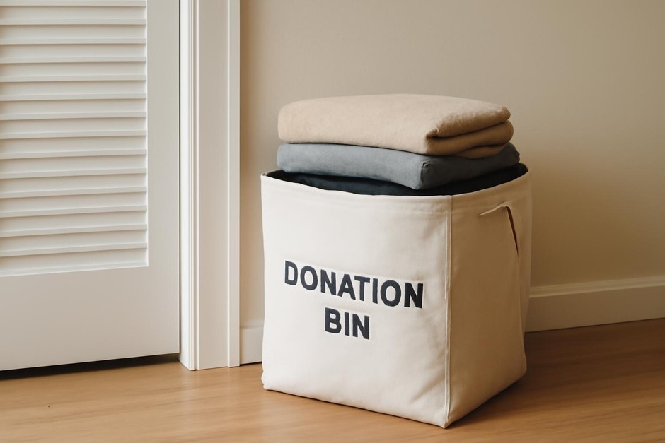 A canvas donation bin tucked beside a closet, with folded clothes visible