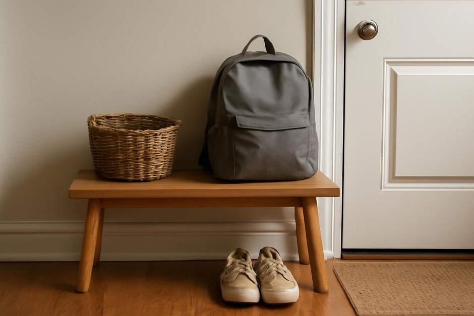 A small bench by the door with a basket for keys and a backpack ready to go