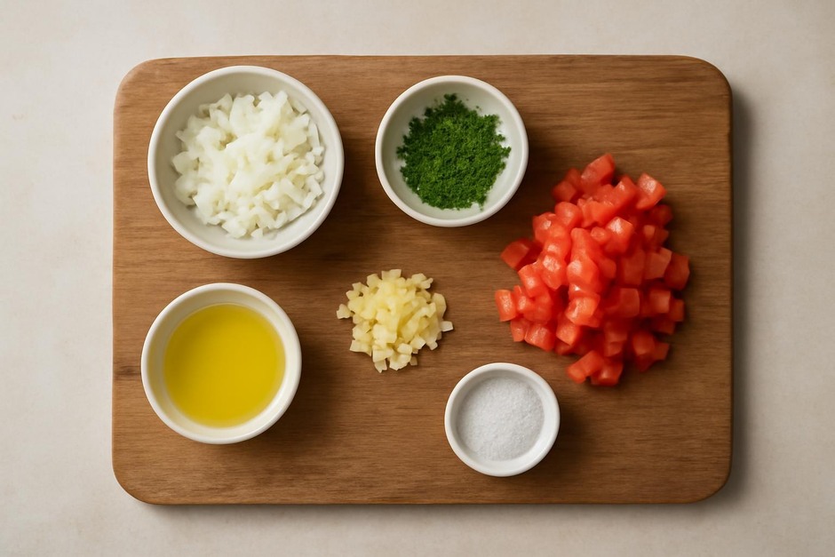 A cutting board with measured ingredients arranged for cooking