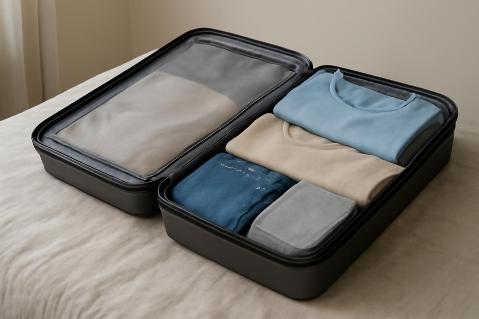 Open suitcase with neatly folded clothes and organized compartments